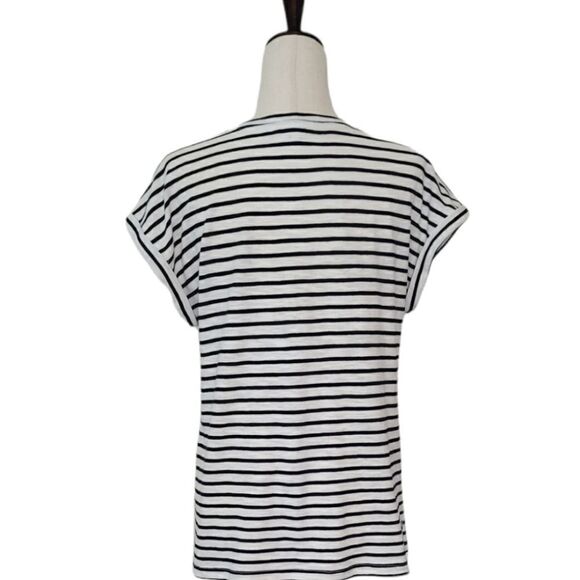 Skies Are Blue Navy Blue & White Stripe Leaf Embroidery Rolled Sleeve Top Size M - Picture 3 of 8